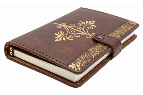 Elegant Leather Bound Journal with Gold Floral Design and Closure for Writing and Note-taking