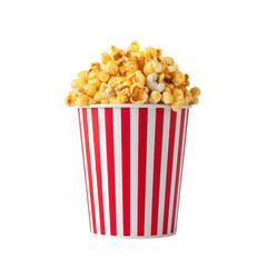 Popcorn in a red and white striped bucket. Concept of cinema, movies, and entertainment.