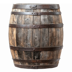 Fototapeta premium Rustic Wooden Barrel with Metal Bands for Vintage Decor Garden Storage and Wine Display