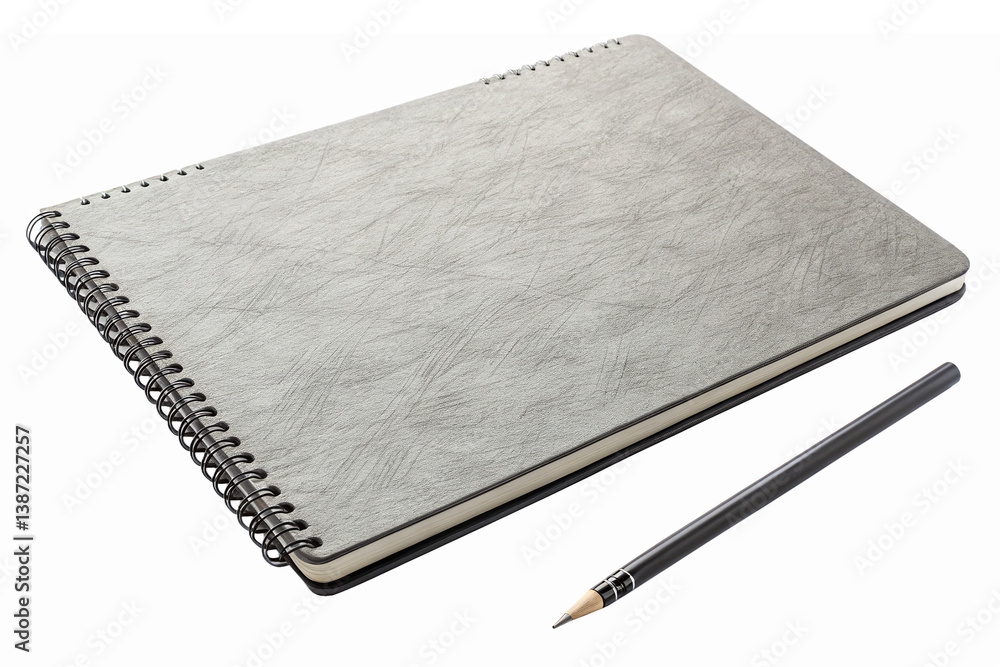 Poster spiral bound gray notebook with pencil on transparent background for creative projects