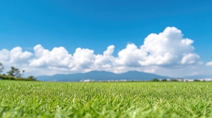 Lush green grass dominates the foreground, sharply focused. A slightly blurred background shows a bright blue sky with fluffy white clouds and distant mountains. The image boasts high quality and re