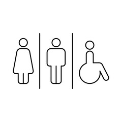 WC room signage, Man, woman and disabled icon, Toilet and bathroom sign, Simple line design, Vector illustration	
