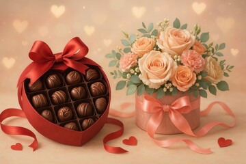 Valentine Gift of Chocolates in Heart-Shaped Box Beside Floral Arrangement With Pink Roses and Greenery
