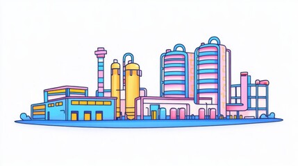 Colorful Illustration of Industrial Complex Featuring Storage Tanks, Tall Smokestacks, and Modern Factory Buildings
