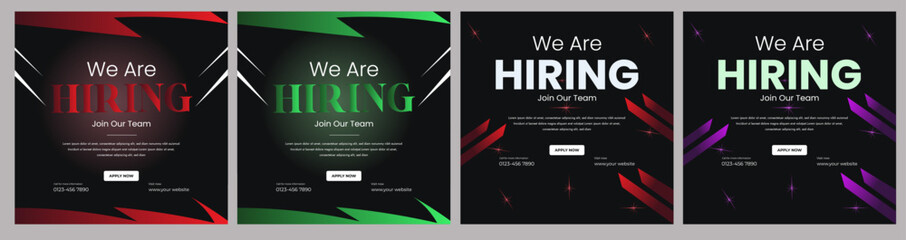 Obraz premium Flat Hiring announcement social media post design.Modern and creative hiring square banner template design.We are hiring job vacancy,Digital Marketing agency social media post.Set of editable square 