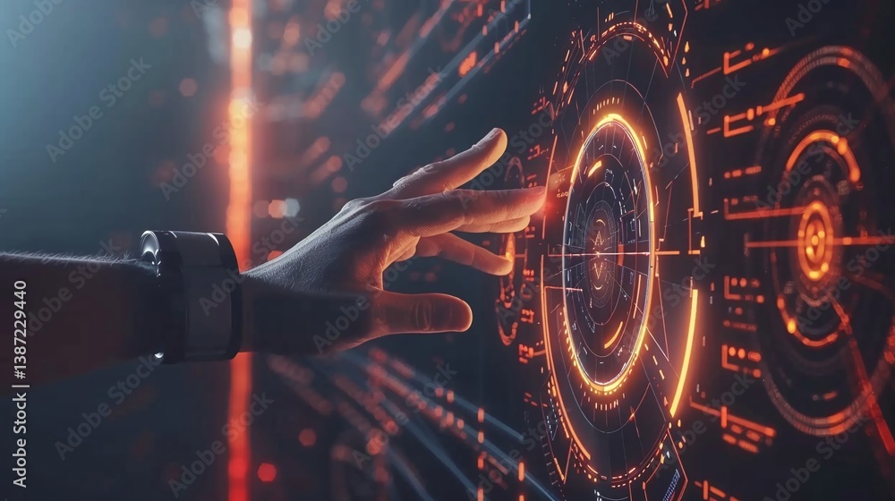 Poster futuristic hand reaching towards an interactive digital interface with glowing elements in a dark ro