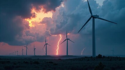 Wind turbines in stormy landscape with lightning striking in dramatic sunset sky.