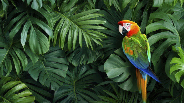 vibrant parrot perched among lush green leaves creates stunning tropical scene filled with life and color