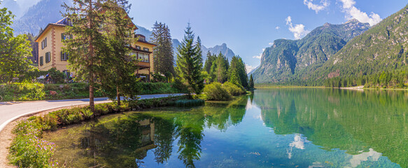 Panoramic view of Lake Dobbiaco or Toblacher See. South Tyrol, Italy