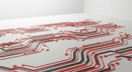 Obraz premium Abstract Red and Black Circuit Board Design: A 3D Render of Intricate Technology Pathways