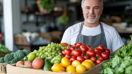 Friendly grocer holding a variety of fresh produce