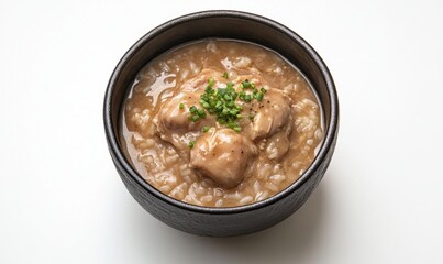 Chicken and rice porridge bowl, close-up studio shot, white background, healthy meal