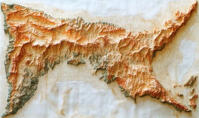 3D relief map of mountainous island terrain;  geographical study background