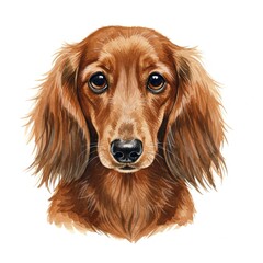 Sweet digital illustration of a long-haired brown Dachshund looking directly at the viewer. Adorable dog portrait.

