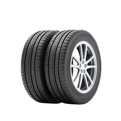 Obraz premium Two car tires with rims on a transparent background. Concept of automotive, transportation, and vehicle maintenance.
