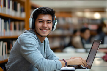 Positive Latin student guy studying in college library, using laptop and learning online for university exam, wearing headphones and smiling, Generative AI