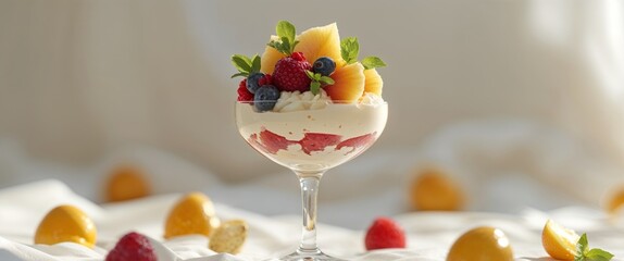 Delicious creamy dessert topped with fresh fruits served in a glass during a summer afternoon.