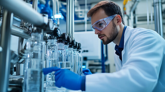 A mechanical engineer developing sustainable desalination systems for freshwater production, high-tech lab with real-time water purification and energy efficiency testing, Scientific style