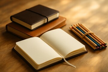 Naklejka premium Notebooks and Colored Pencils on a Wooden Desk in Natural Light During Morning Hours