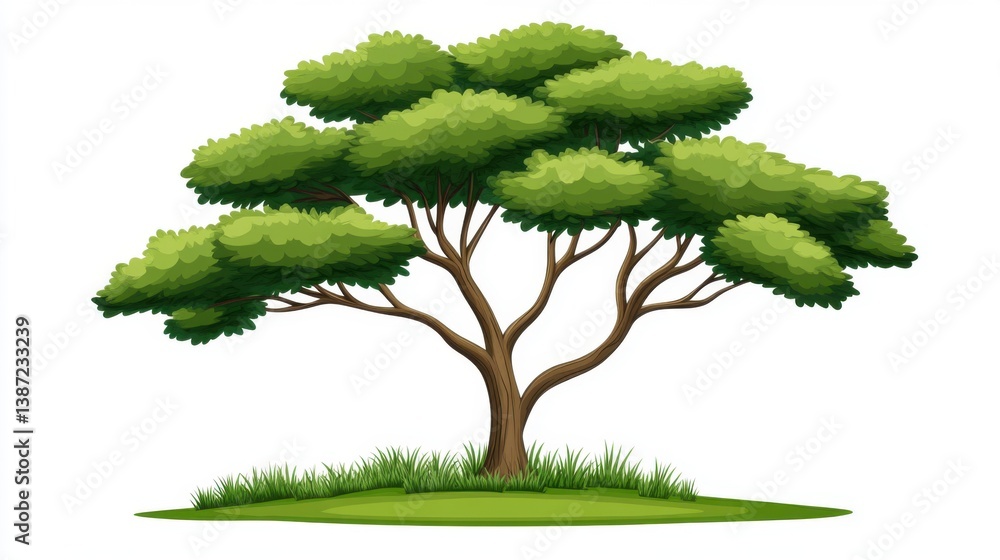 Poster lush green tree with dense foliage on an isolated grass patch for nature and environment themes