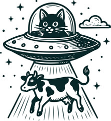 funny illustration cat in ufo kidnaps cow vector © Dmytro