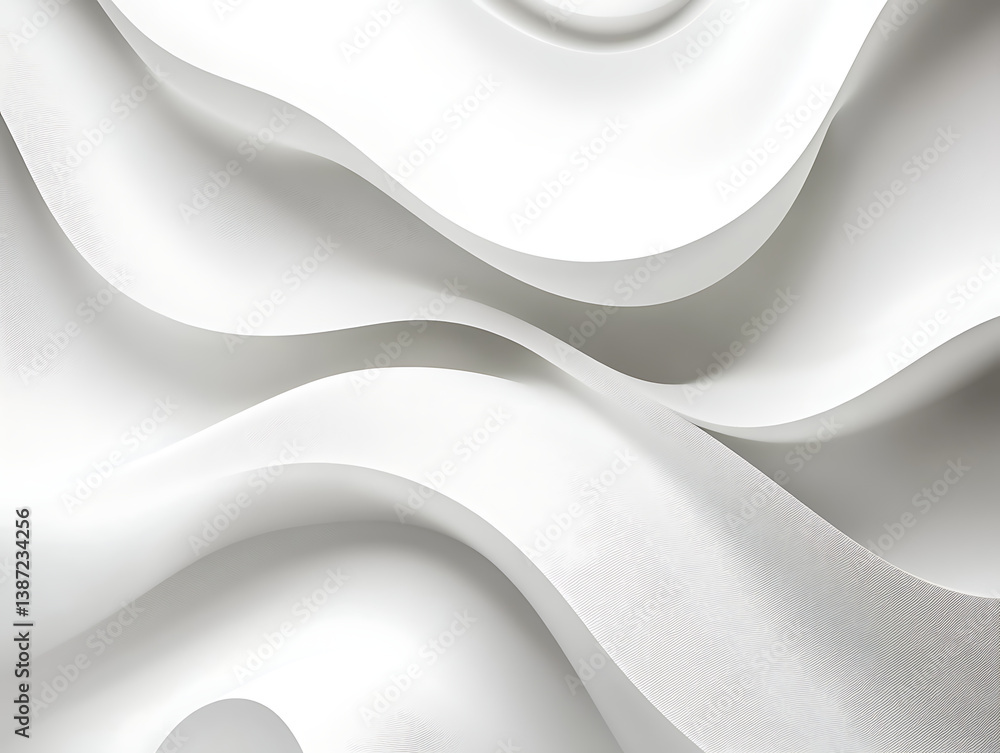 Poster abstract white background with smooth flowing wave lines and white cloth texture for minimalist desi