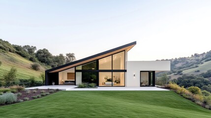 Fototapeta premium Modern minimalist villa with a sloped roof and large glass windows stands on a green lawn in a hilly landscape during daytime.