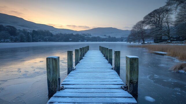Frozen winter lake pier at sunrise