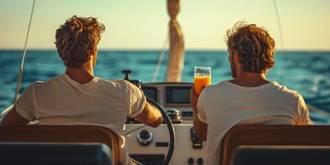 Fototapeta premium Friends enjoying a refreshing drink while sailing their yacht at sunset