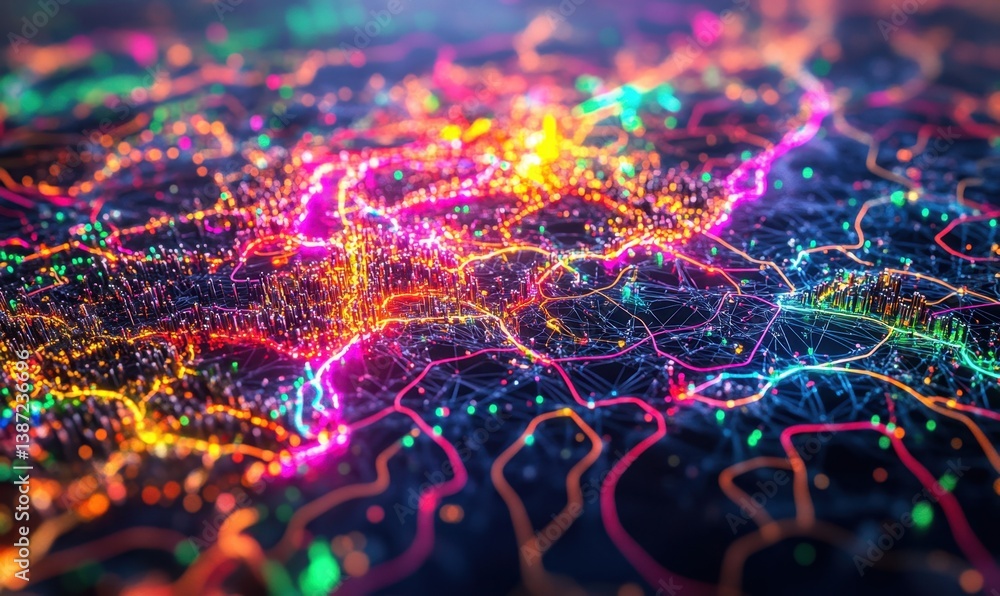 Poster abstract network data flow visualization, glowing lines and nodes, digital technology background, id
