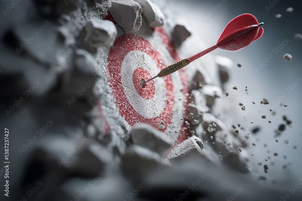 Poster a close-up of a dart hitting the center of a target, surrounded by debris, capturing a moment of pre