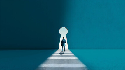 A figure in a suit walks toward a large keyhole, symbolizing opportunity and discovery against a minimalistic blue backdrop.