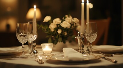 Romantic Dinner Table Setting: Candles, Crystal, and Roses
