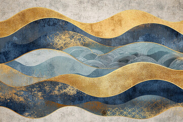 Japanese Wave Design with Faded Texture on Paper — White, Navy, Blue, Gray, and Gold