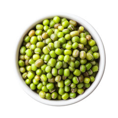 Overhead shot of mung beans in a white bowl. Concept of healthy eating, vegetarian food, and natural ingredients.