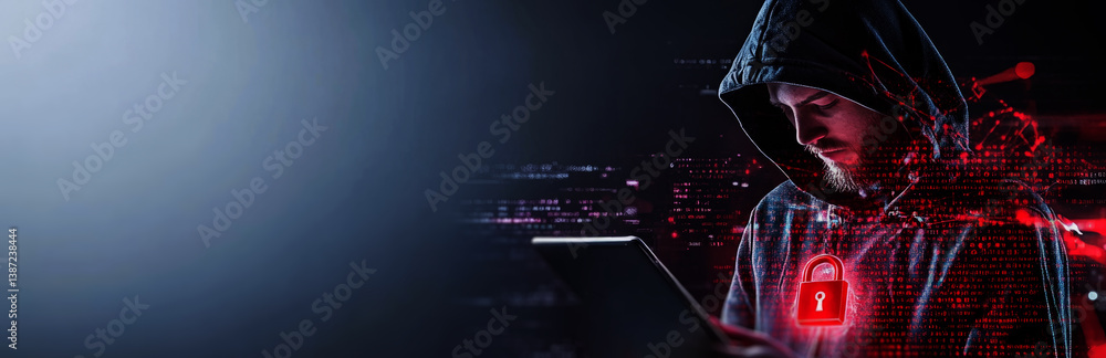 Poster hacker in a black hoodie with a digital padlock and code on a dark background, a security concept