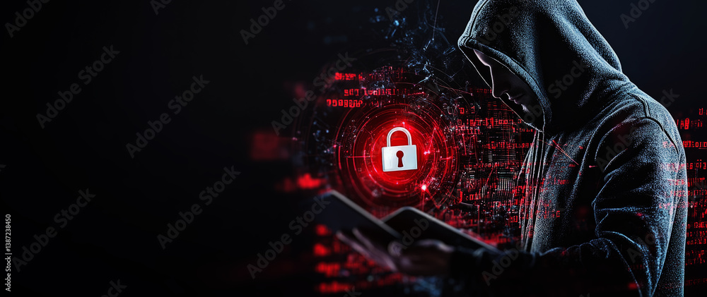 Poster hacker in a black hoodie with a digital padlock and code on a dark background, a security concept