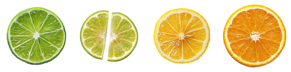 Lime, lemon and orange slices a citrus trio.