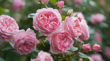 Blooming Pink Roses in Garden Setting with Lush Green Background