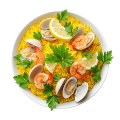 Overhead shot of paella with shrimp, clams, lemon, and parsley in a white bowl. Traditional Spanish seafood dish.