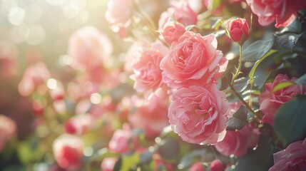 Obraz premium Blooming Roses in Sunlight Create a Soft Focus Floral Backdrop