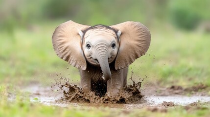 A playful baby elephant splashes through a mud puddle