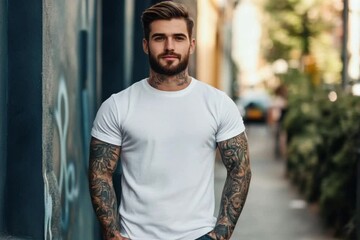 Young man model with tattoos in white t-shirt posing confidently in urban setting  