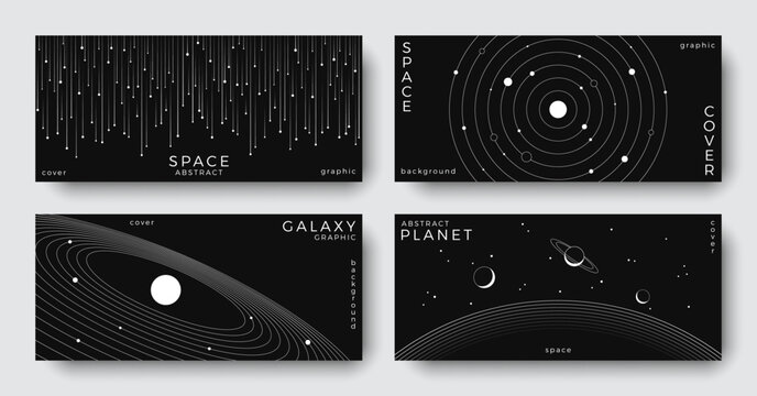 Set of abstract space astronomy horizontal backgrounds. Line art planet, galaxy, solar system, meteorite. Science future concept. Cosmic minimalist design for cover, poster, banner, flyer, brochure