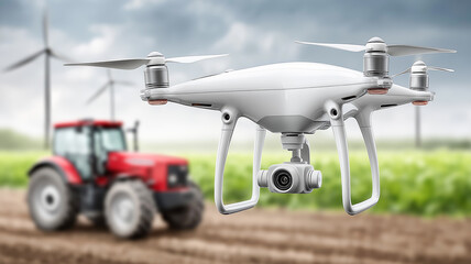 Drone flying over agricultural field with red tractor and wind turbines in the background, highlighting modern technology use in sustainable farming practices.