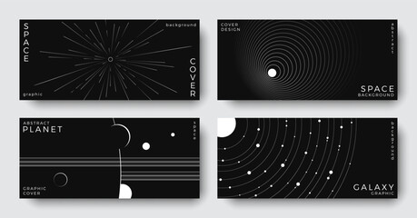 Set of abstract space astronomy horizontal backgrounds. Line art planet, galaxy, solar system, meteorite. Science future concept. Cosmic black and white design for cover, poster, banner, flyer, ads © Anastasiya Stoma