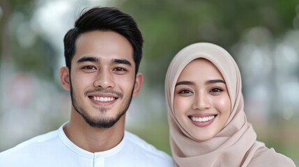 Fototapeta premium Happy couple smiles outdoors