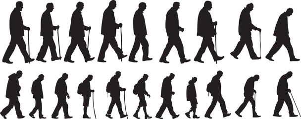 A collection of silhouettes of a grandfather walking with a wooden stick