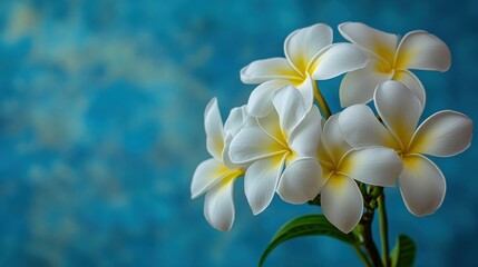 Fototapeta premium Close-up of Plumeria flowers on a blue backdrop