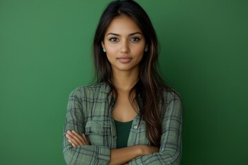 Young Indian woman isolated on green chroma background who feels confident, crossing arms with determination, Generative AI